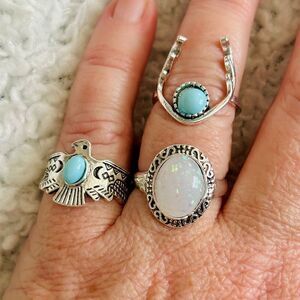 3/$15 Set of 3 Silver Faux Turquoise and Opal Bohemian Rings